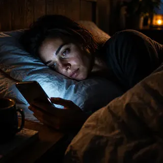 Mulher acordada na cama durante a noite, iluminada pela luz do celular