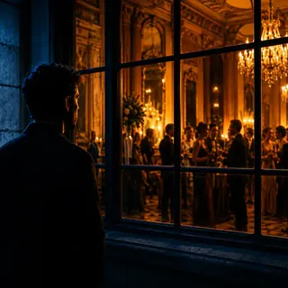 Homem observando de fora uma celebração luxuosa