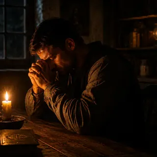 Homem em oração diante de uma vela, preocupado com o futuro
